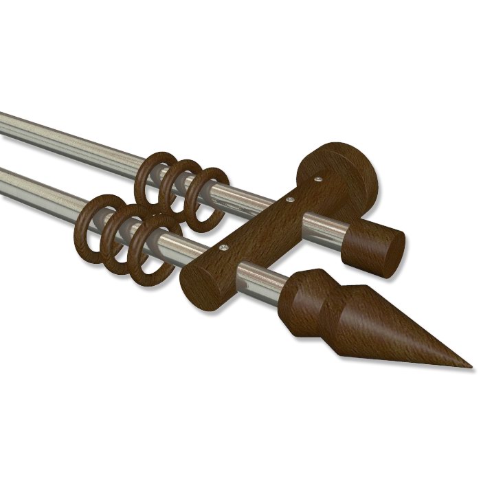 Zweiläufige Gardinenstange 16 mm Ø aus Edelstahl / Holz in Nussbaum