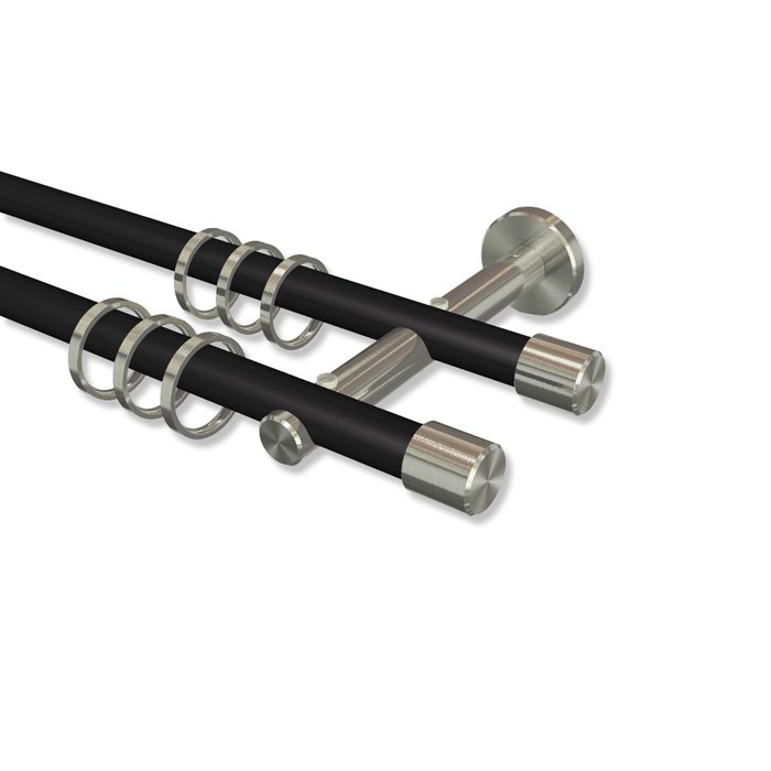 Vorhangstangen Gardinenstangen doppelläufig Schwarz / Edelstahl Optik 16 mm Ø