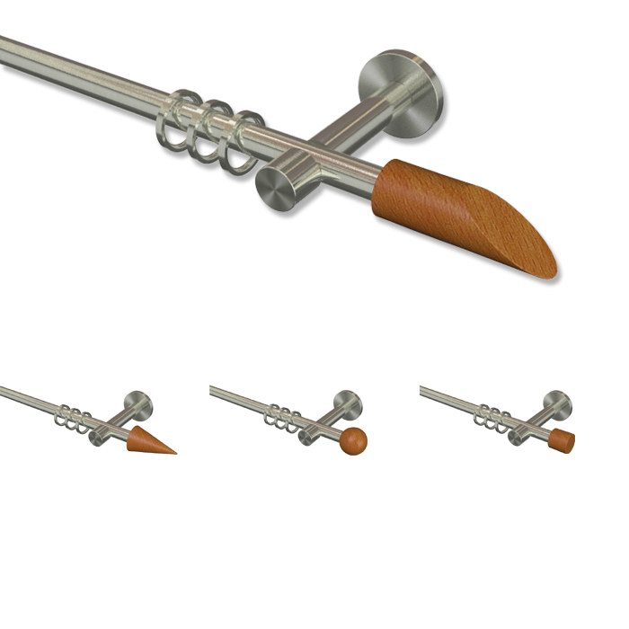 Gardinenstangen Edelstahl Optik / Kirschbaum (Holz) in 16 mm Ø, viele