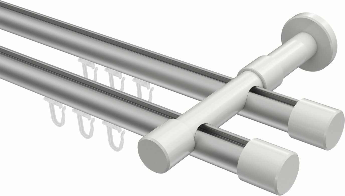 Innenlauf Gardinenstange Aluminium / Metall 20 mm Ø 2-läufig PRESTIGE -  Santo Silbergrau / Weiß 100 cm