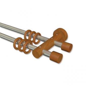 Gardinenstange Metall / Holz 16 mm Ø 2-läufig ADRIAN - Pin Edelstahl-Optik / Kirschbaum lackiert 100 cm