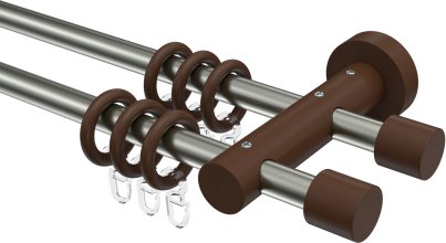 Gardinenstange Edelstahl / Holz Nussbaum lackiert 16 mm Ø 2-läufig ADRIAN - Pin 100 cm