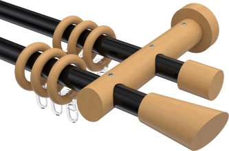 Gardinenstange Metall / Holz 20 mm Ø 2-läufig TALENA - Bero Schwarz / Buche lackiert 100 cm