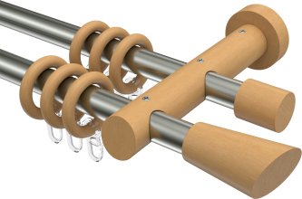 Gardinenstange Metall / Holz 20 mm Ø 2-läufig TALENA - Bero Edelstahl-Optik / Buche lackiert 100 cm