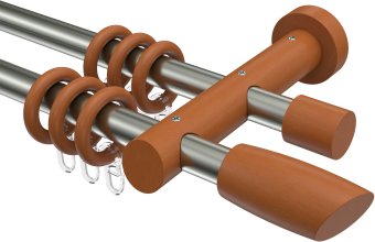 Gardinenstange Metall / Holz 20 mm Ø 2-läufig TALENA - Etta Edelstahl-Optik / Kirschbaum lackiert 100 cm