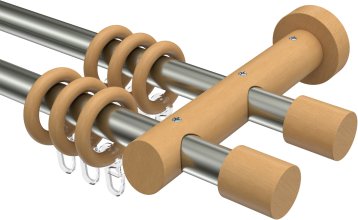 Gardinenstange Metall / Holz 20 mm Ø 2-läufig TALENA - Feta Edelstahl-Optik / Buche lackiert 100 cm