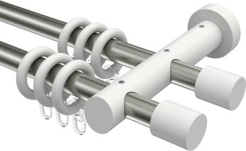 Gardinenstange Metall / Holz 20 mm Ø 2-läufig TALENA - Feta Edelstahl-Optik / Weiß lackiert 100 cm