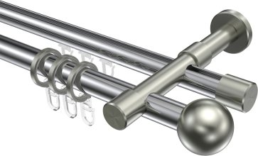 Rundrohr-Innenlauf Gardinenstange Aluminium / Metall 20 mm Ø 2-läufig PRESTIGE - Luino Chrom / Edelstahl-Optik 100 cm