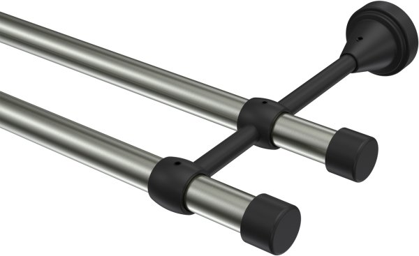 Gardinenstange Metall 16 mm Ø 2-läufig PRIMUS - Lucan Edelstahl-Optik / Schwarz (ohne Ringe) 100 cm