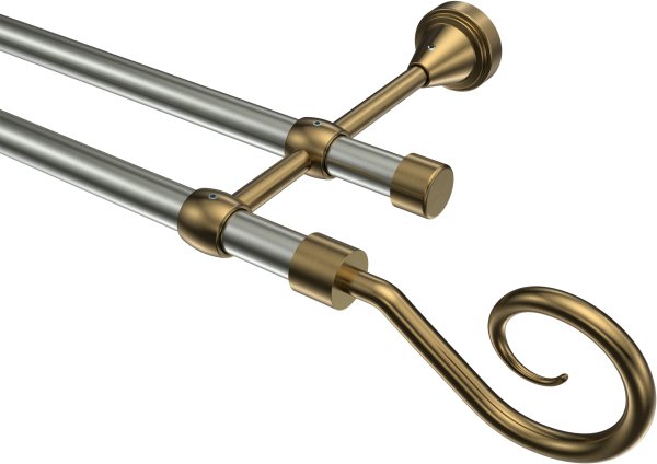 Gardinenstange Metall 16 mm Ø 2-läufig PRIMUS - Allegra Edelstahl-Optik / Messing Antik (ohne Ringe) 100 cm