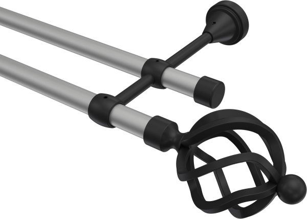 Gardinenstange Metall 16 mm Ø 2-läufig PRIMUS - Paolo Silbergrau / Schwarz (ohne Ringe) 100 cm