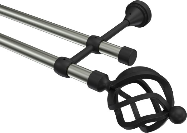 Gardinenstange Metall 16 mm Ø 2-läufig PRIMUS - Paolo Edelstahl-Optik / Schwarz (ohne Ringe) 100 cm