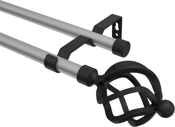 Gardinenstange Metall 16 mm Ø 2-läufig OLYMP - Paolo Silbergrau / Schwarz (ohne Ringe) 100 cm