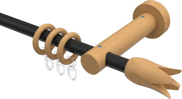 Gardinenstange Metall / Holz 16 mm Ø ADRIAN - Flower Schwarz / Buche lackiert 100 cm