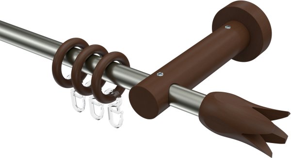 Gardinenstange Metall / Holz 16 mm Ø ADRIAN - Flower Edelstahl-Optik / Nussbaum lackiert 100 cm