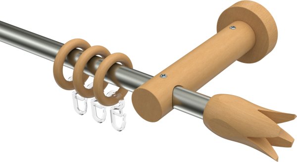 Gardinenstange Metall / Holz 16 mm Ø ADRIAN - Flower Edelstahl-Optik / Buche lackiert 100 cm