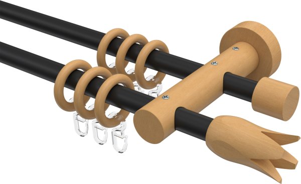 Gardinenstange Metall / Holz 16 mm Ø 2-läufig ADRIAN - Flower Schwarz / Buche lackiert 100 cm