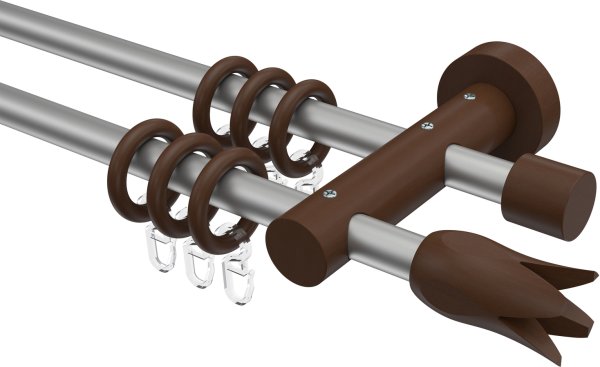 Gardinenstange Metall / Holz 16 mm Ø 2-läufig ADRIAN - Flower Silbergrau / Nussbaum lackiert 100 cm