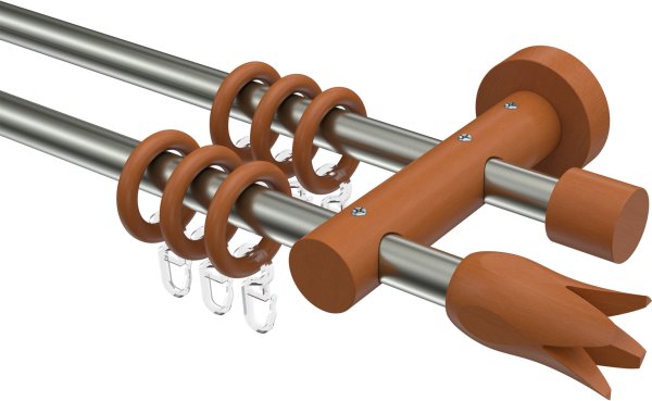 Gardinenstange Metall / Holz 16 mm Ø 2-läufig ADRIAN - Flower Edelstahl-Optik / Kirschbaum lackiert 100 cm