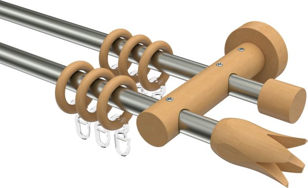 Gardinenstange Metall / Holz 16 mm Ø 2-läufig ADRIAN - Flower Edelstahl-Optik / Buche lackiert 100 cm