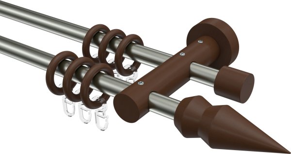 Gardinenstange Metall / Holz 16 mm Ø 2-läufig ADRIAN - Doman Edelstahl-Optik / Nussbaum lackiert 100 cm