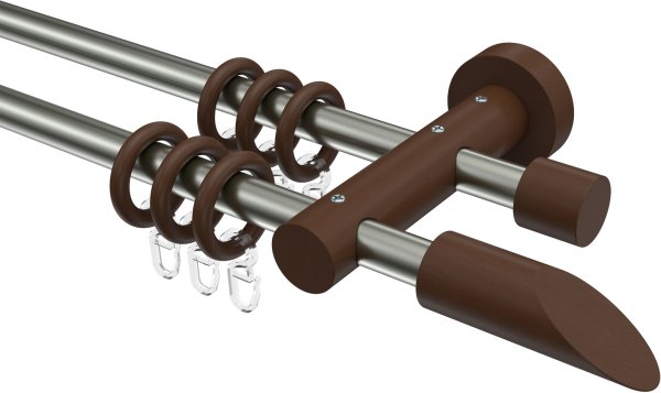Gardinenstange Metall / Holz 16 mm Ø 2-läufig ADRIAN - Franca Edelstahl-Optik / Nussbaum lackiert 100 cm