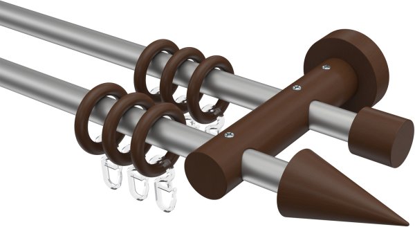 Gardinenstange Metall / Holz 16 mm Ø 2-läufig ADRIAN - Holly Silbergrau / Nussbaum lackiert 100 cm