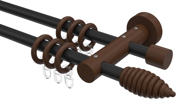 Gardinenstange Metall / Holz 16 mm Ø 2-läufig ADRIAN - Asta Schwarz / Nussbaum lackiert 100 cm