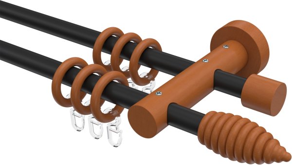 Gardinenstange Metall / Holz 16 mm Ø 2-läufig ADRIAN - Asta Schwarz / Kirschbaum lackiert 100 cm