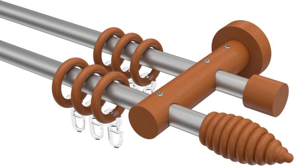 Gardinenstange Metall / Holz 16 mm Ø 2-läufig ADRIAN - Asta Silbergrau / Kirschbaum lackiert 100 cm