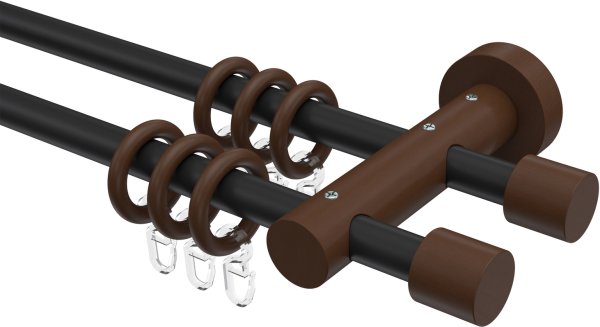 Gardinenstange Metall / Holz 16 mm Ø 2-läufig ADRIAN - Pin Schwarz / Nussbaum lackiert 100 cm