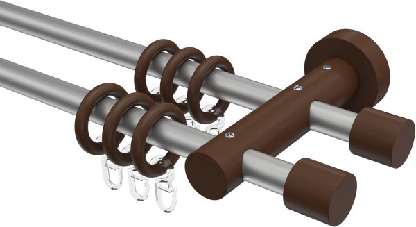 Gardinenstange Metall / Holz 16 mm Ø 2-läufig ADRIAN - Pin Silbergrau / Nussbaum lackiert 100 cm