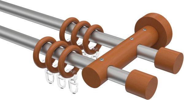 Gardinenstange Metall / Holz 16 mm Ø 2-läufig ADRIAN - Pin Silbergrau / Kirschbaum lackiert 100 cm