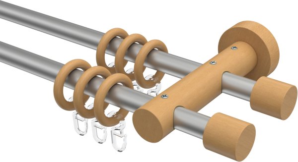 Gardinenstange Metall / Holz 16 mm Ø 2-läufig ADRIAN - Pin Silbergrau / Buche lackiert 100 cm