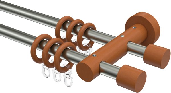 Gardinenstange Metall / Holz 16 mm Ø 2-läufig ADRIAN - Pin Edelstahl-Optik / Kirschbaum lackiert 100 cm