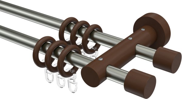 Gardinenstange Edelstahl / Holz Nussbaum lackiert 16 mm Ø 2-läufig ADRIAN - Pin 100 cm