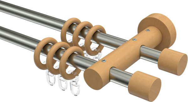 Gardinenstange Edelstahl / Holz Buche lackiert 16 mm Ø 2-läufig ADRIAN - Pin 100 cm