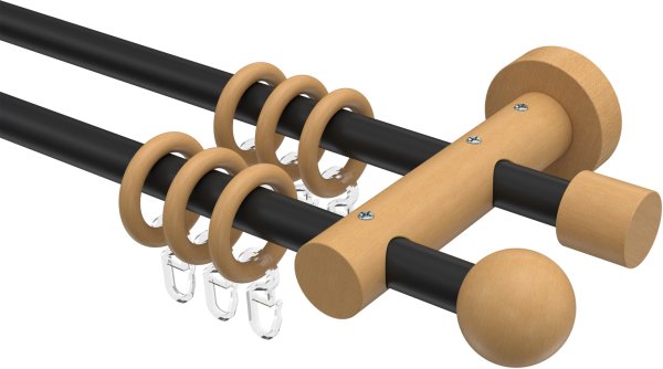 Gardinenstange Metall / Holz 16 mm Ø 2-läufig ADRIAN - Geo Schwarz / Buche lackiert 100 cm
