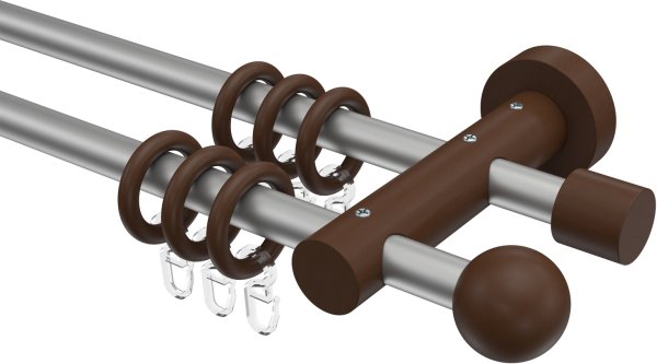 Gardinenstange Metall / Holz 16 mm Ø 2-läufig ADRIAN - Geo Silbergrau / Nussbaum lackiert 100 cm