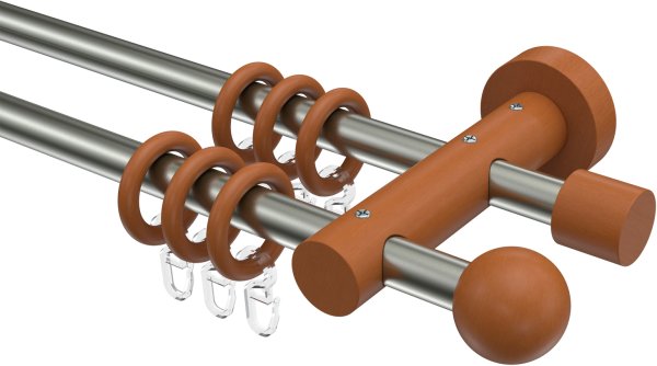 Gardinenstange Edelstahl / Holz Kirschbaum lackiert 16 mm Ø 2-läufig ADRIAN - Geo 100 cm