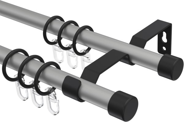 Gardinenstange Metall 16 mm Ø 2-läufig OLYMP - Lucan Silbergrau / Schwarz 100 cm