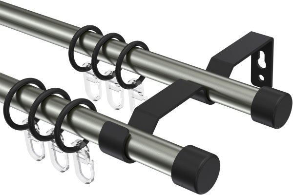 Gardinenstange Metall 16 mm Ø 2-läufig OLYMP - Lucan Edelstahl-Optik / Schwarz 100 cm