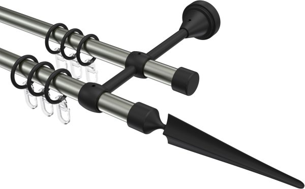 Gardinenstange Metall 16 mm Ø 2-läufig PRIMUS - Lorenzo Edelstahl-Optik / Schwarz 100 cm