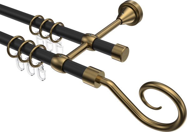 Gardinenstange Metall 16 mm Ø 2-läufig PRIMUS - Allegra Schwarz / Messing Antik 100 cm