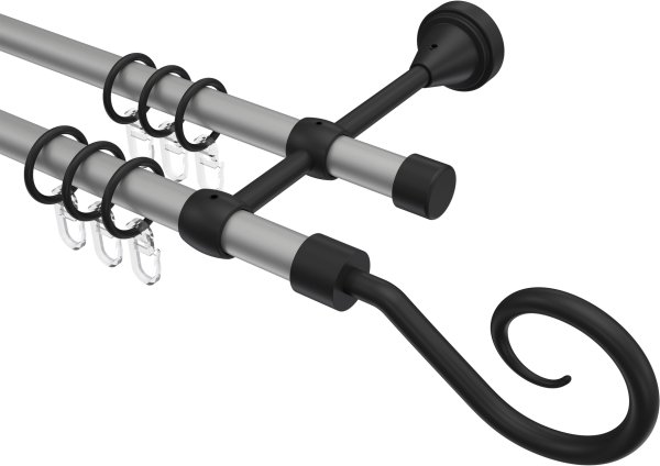 Gardinenstange Metall 16 mm Ø 2-läufig PRIMUS - Allegra Silbergrau / Schwarz 100 cm
