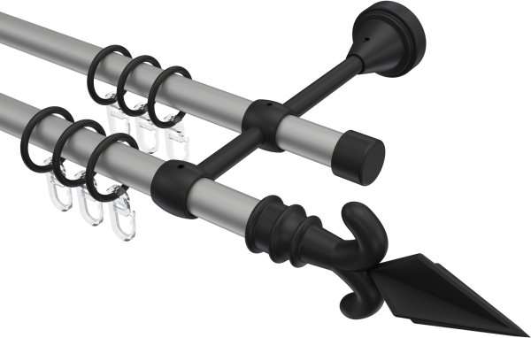 Gardinenstange Metall 16 mm Ø 2-läufig PRIMUS - Matteo Silbergrau / Schwarz 100 cm