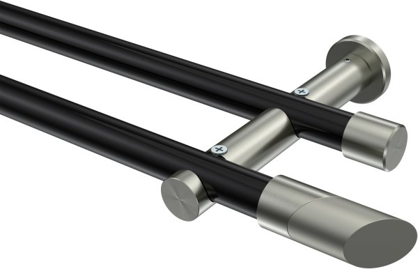 Gardinenstange Metall 20 mm Ø 2-läufig PLATON - Verano Schwarz / Edelstahl-Optik (ohne Ringe) 100 cm
