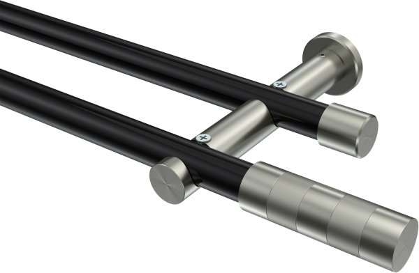 Gardinenstange Metall 20 mm Ø 2-läufig PLATON - Mavell Schwarz / Edelstahl-Optik (ohne Ringe) 100 cm