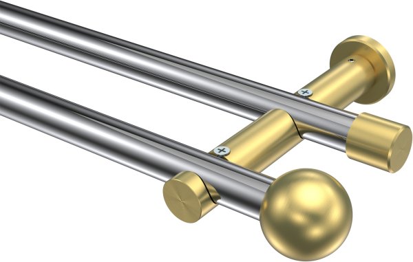 Gardinenstange Metall 20 mm Ø 2-läufig PLATON - Luino Chrom / Messing-Optik (ohne Ringe) 100 cm
