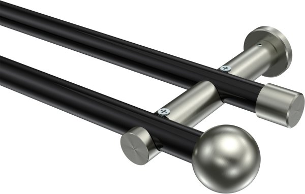 Gardinenstange Metall 20 mm Ø 2-läufig PLATON - Luino Schwarz / Edelstahl-Optik (ohne Ringe) 100 cm